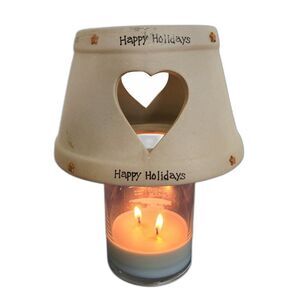 Vintage Large Stoneware Pottery Round Happy Holidays Jar Candle Lampshade Topper